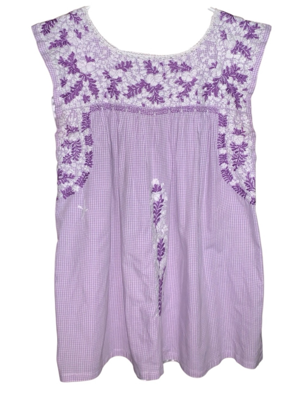 Mi Golondrina Lavender Gingham Embroidered Sleeveless Top